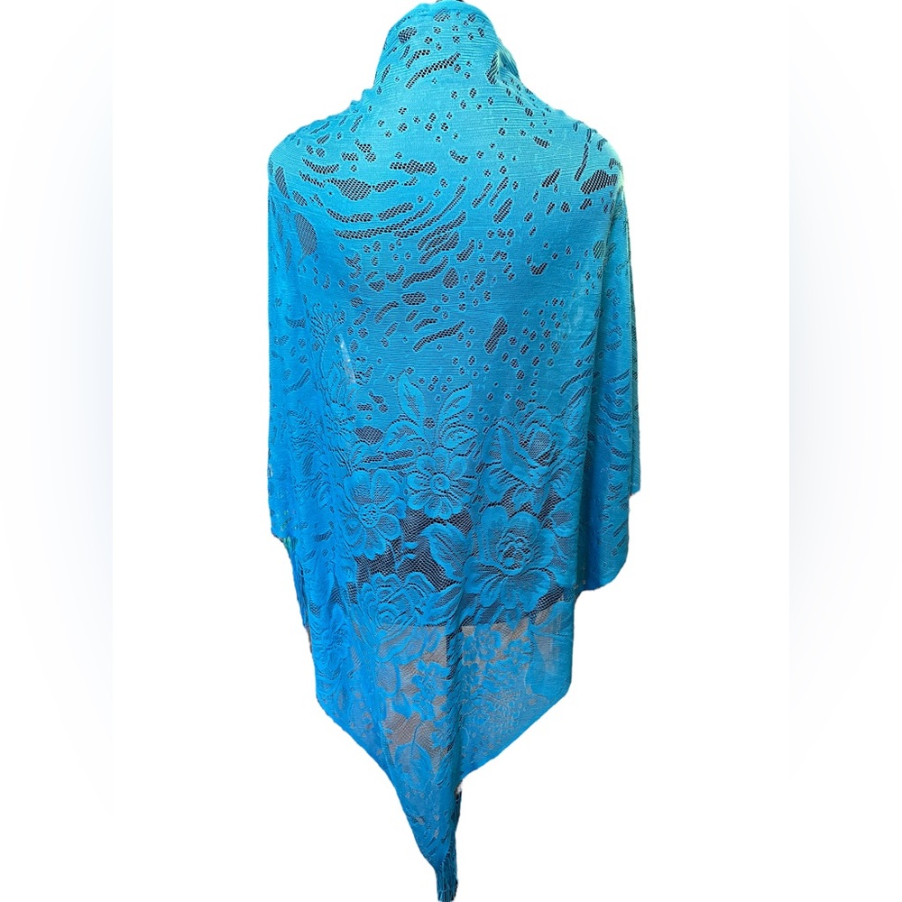 Boho Witch Hippie Ethereal Romantic Blue Sheer Floral Fringe Bandana Lace Shawl - Picture 1 of 8